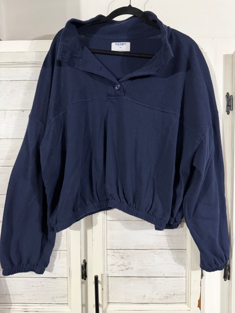 Old Navy Mixed Fabric Pullover XXL Navy Terry & Cotton Cropped Sweatshirt